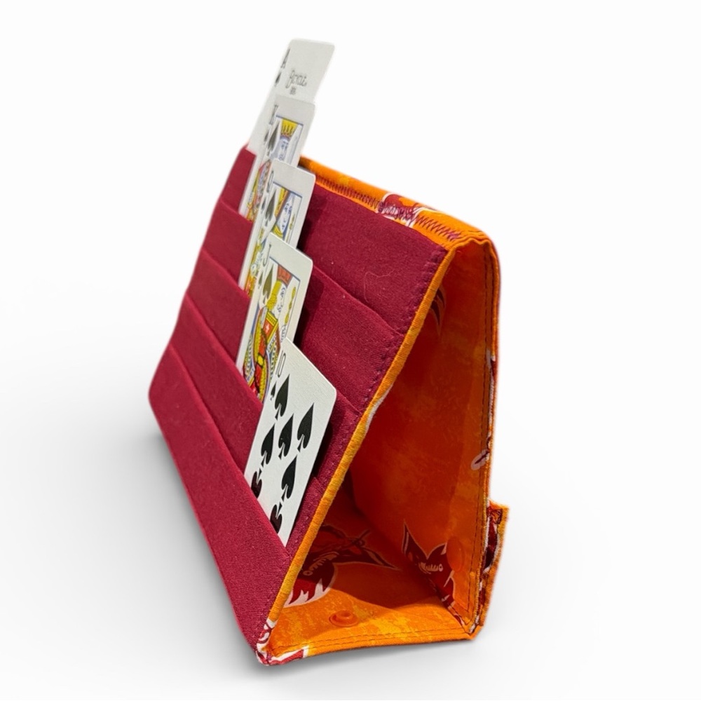 Hand Crafted Fabric Playing Card Holder 5 Pockets with Snap Closure 10.5” Orange - Picture 9 of 13
